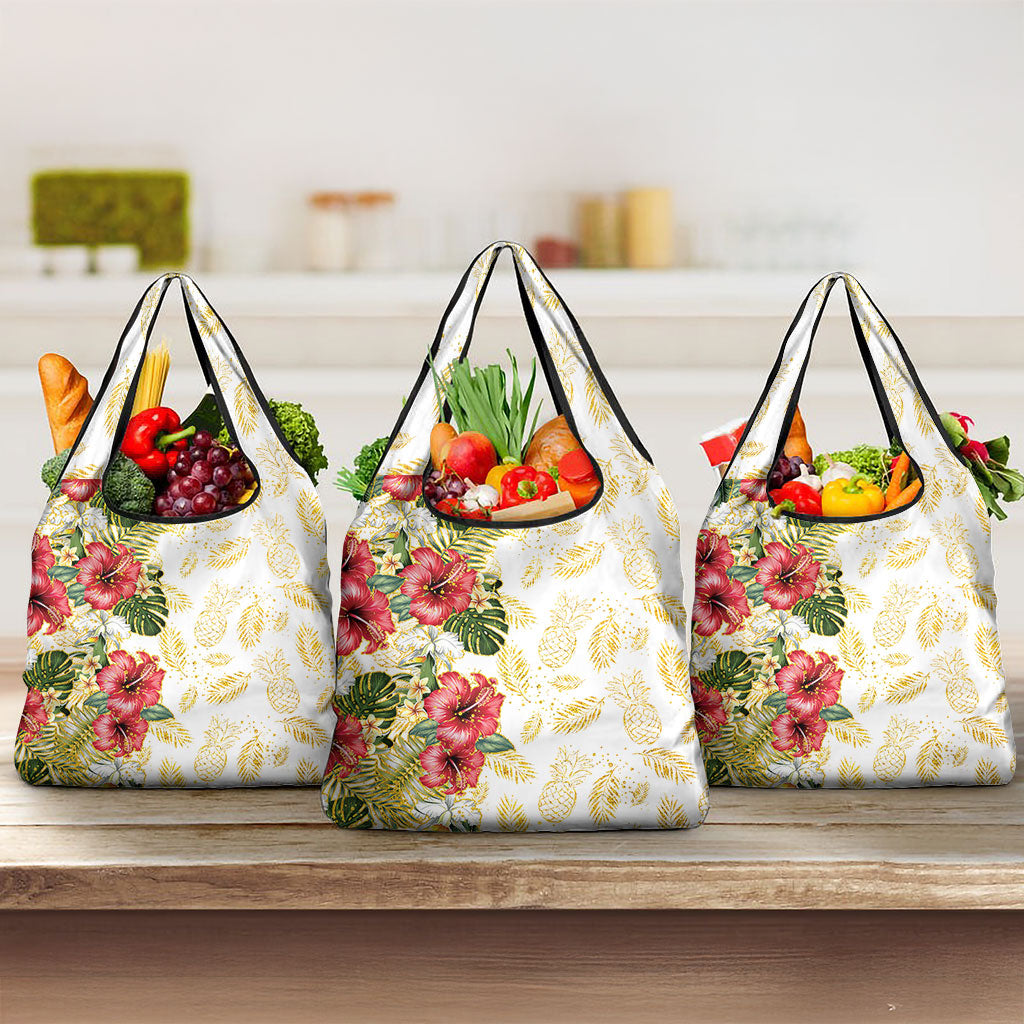 Hawaii Discoverers Day Grocery Bag Tropical Hibiscus Glitter White LT05 3-pack One Size White - Polynesian Pride