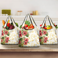 Hawaii Discoverers Day Grocery Bag Tropical Hibiscus Glitter White LT05 3-pack One Size White - Polynesian Pride