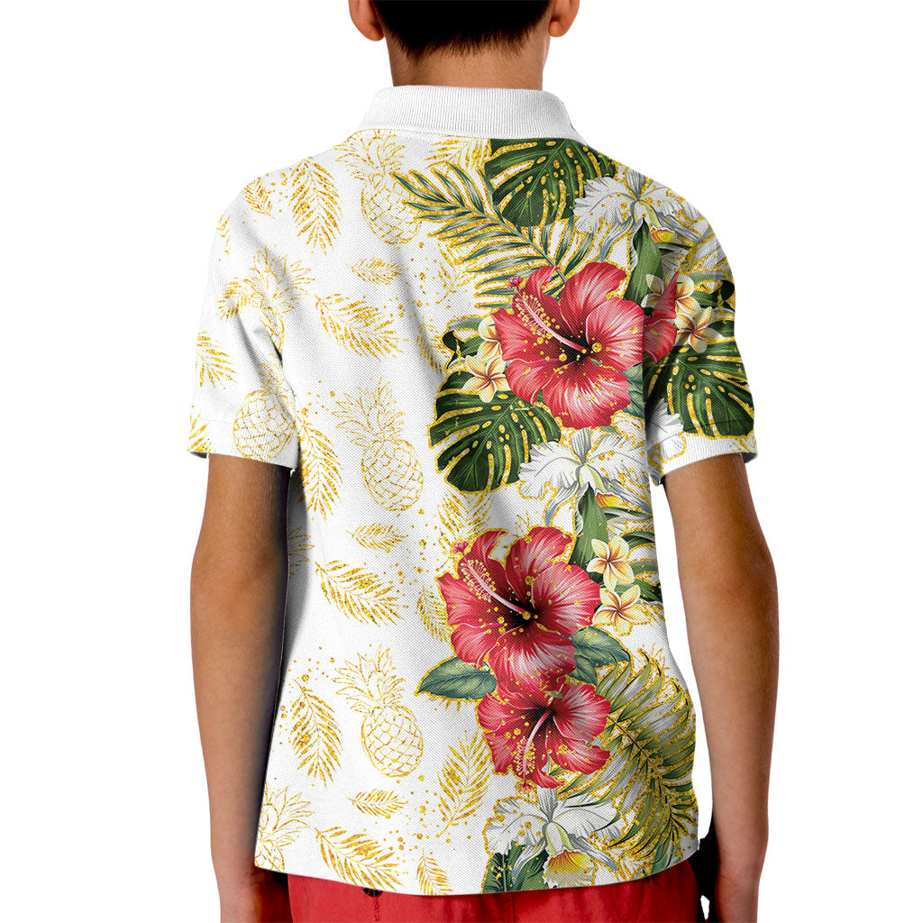 Hawaii Discoverers Day Kid Polo Shirt Tropical Hibiscus Glitter White LT05 - Polynesian Pride