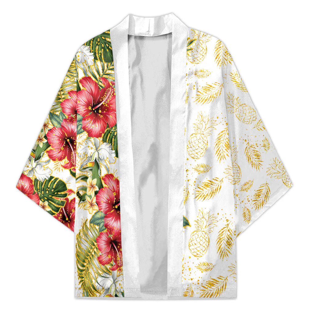 Hawaii Discoverers Day Kimono Tropical Hibiscus Glitter White LT05 Unisex White - Polynesian Pride