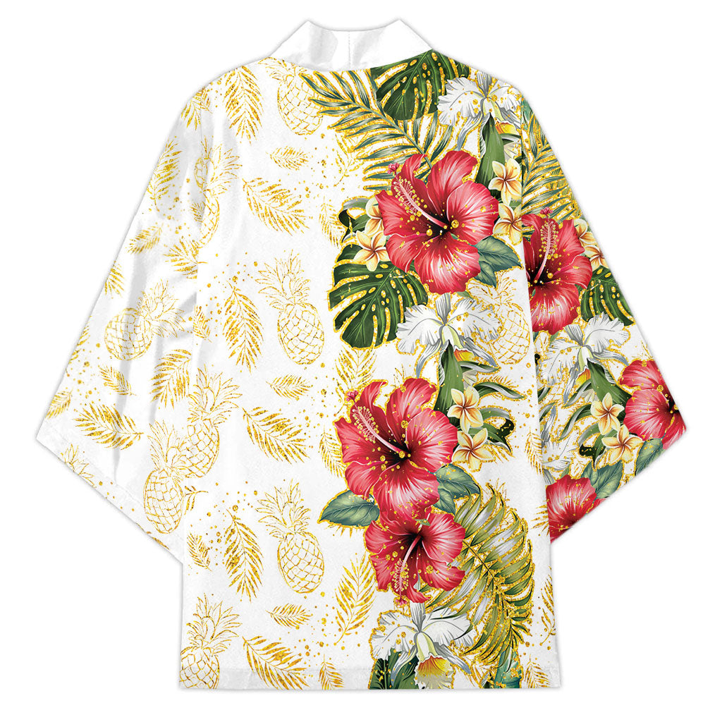 Hawaii Discoverers Day Kimono Tropical Hibiscus Glitter White LT05 - Polynesian Pride