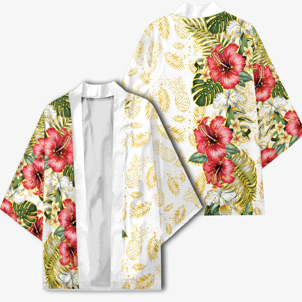 Hawaii Discoverers Day Kimono Tropical Hibiscus Glitter White LT05 - Polynesian Pride