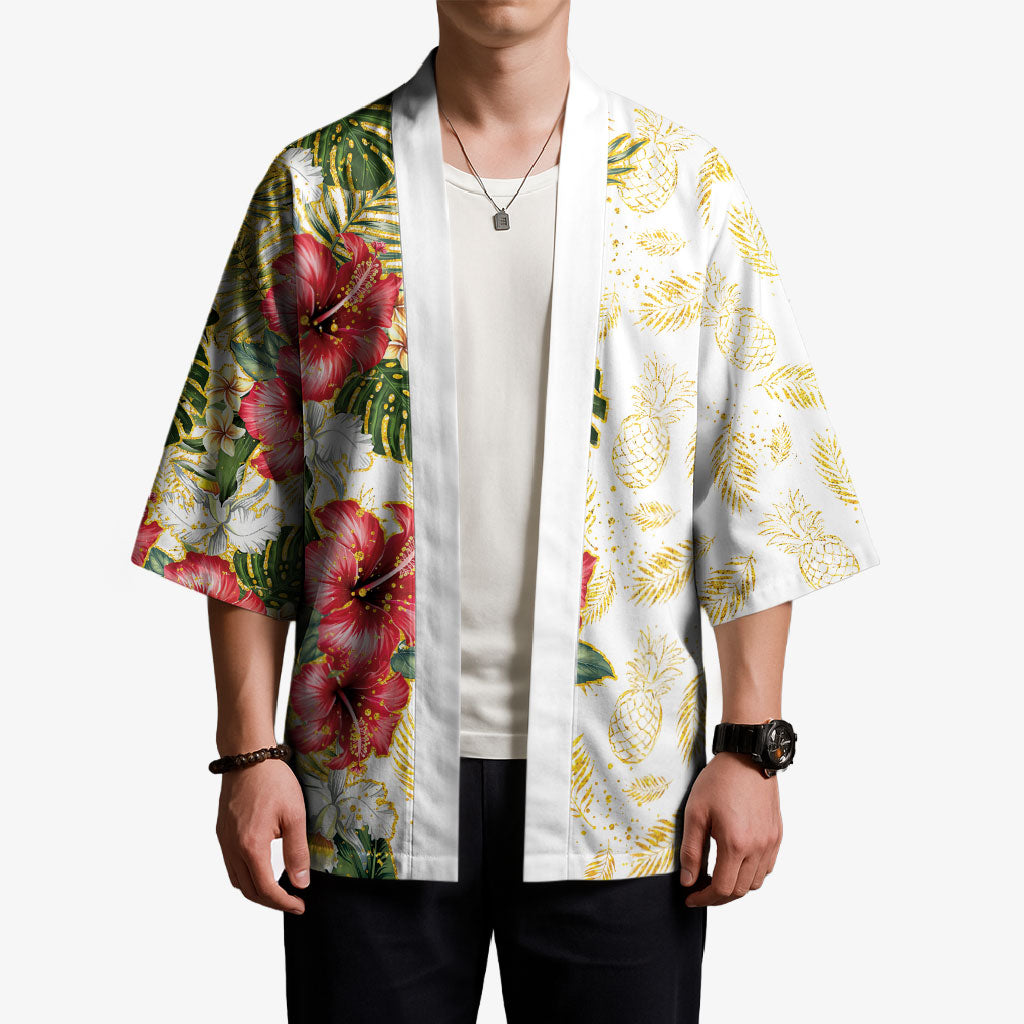 Hawaii Discoverers Day Kimono Tropical Hibiscus Glitter White LT05 - Polynesian Pride