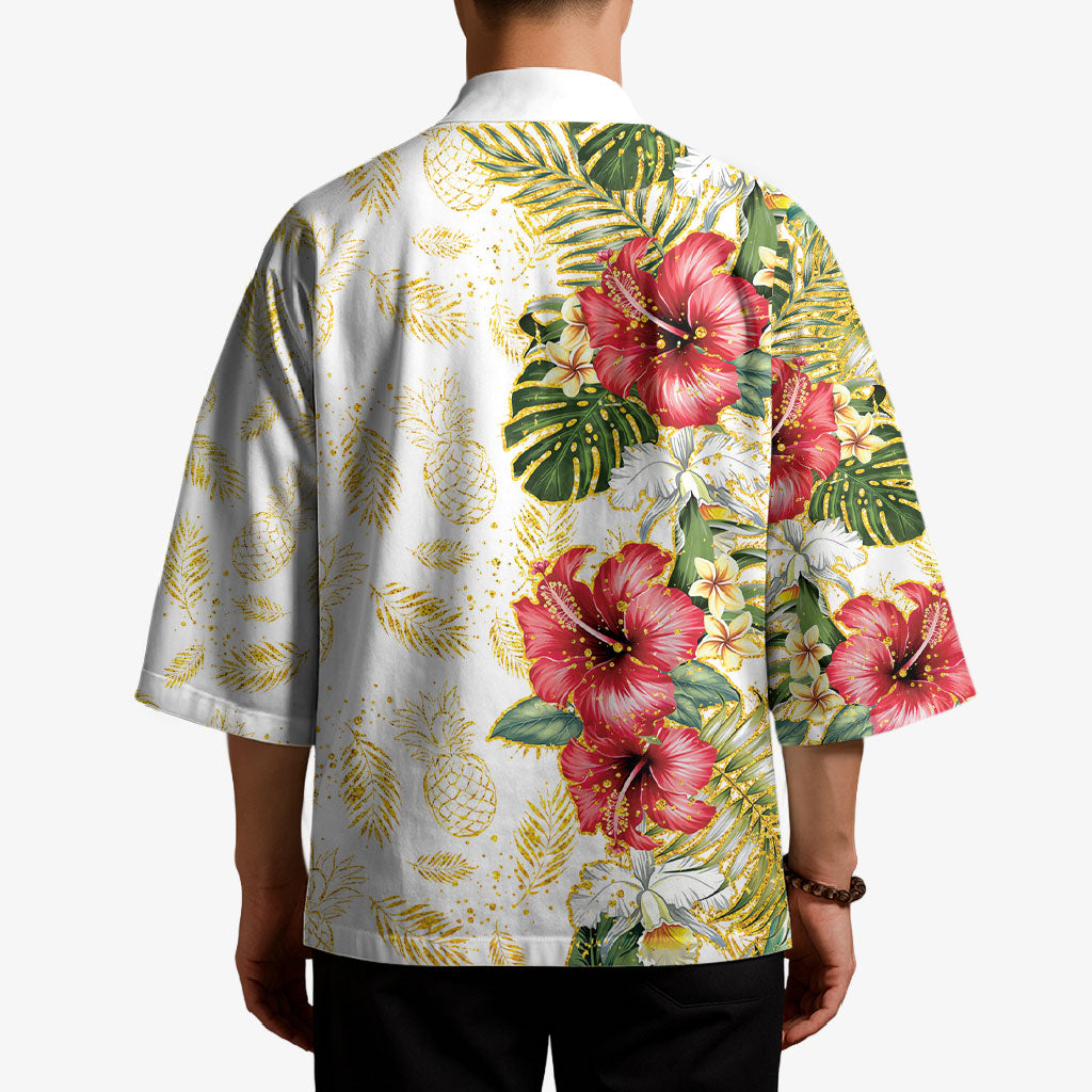 Hawaii Discoverers Day Kimono Tropical Hibiscus Glitter White LT05 - Polynesian Pride