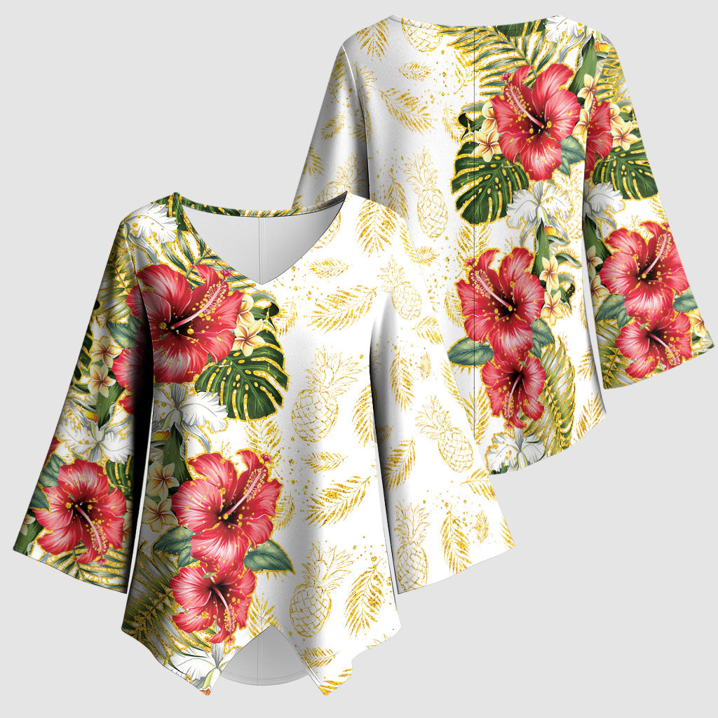 Hawaii Discoverers Day Kimono Sleeve Blouse Tropical Hibiscus Glitter White LT05 - Polynesian Pride