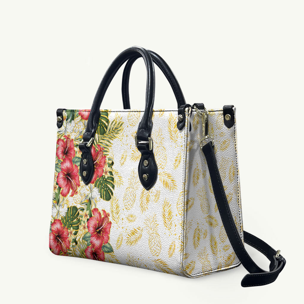 Hawaii Discoverers Day Leather Bag Tropical Hibiscus Glitter White LT05 White - Polynesian Pride