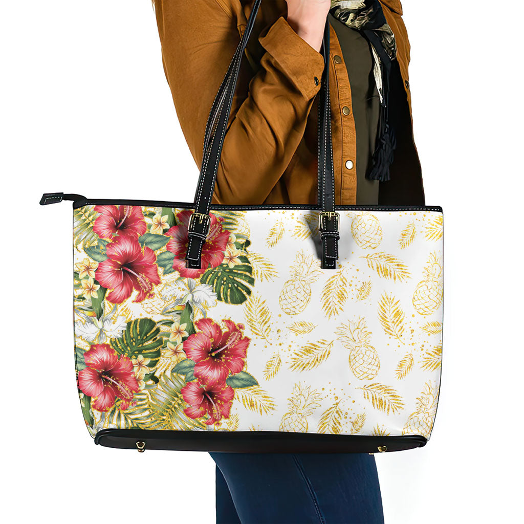 Hawaii Discoverers Day Leather Tote Bag Tropical Hibiscus Glitter White LT05 - Polynesian Pride