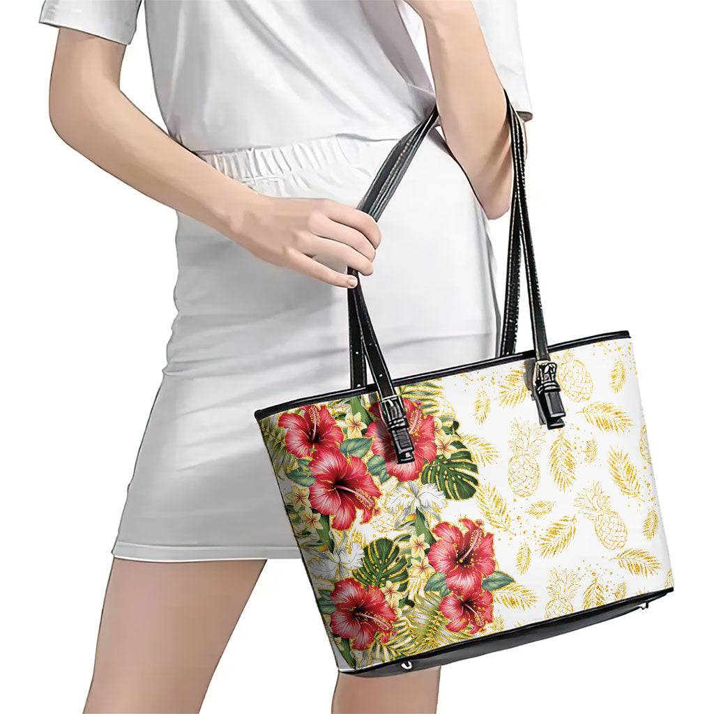 Hawaii Discoverers Day Leather Tote Bag Tropical Hibiscus Glitter White LT05 - Polynesian Pride