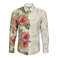 Hawaii Discoverers Day Long Sleeve Button Shirt Tropical Hibiscus Glitter White LT05 Unisex White - Polynesian Pride