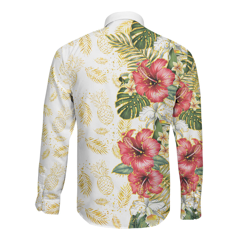 Hawaii Discoverers Day Long Sleeve Button Shirt Tropical Hibiscus Glitter White LT05 - Polynesian Pride