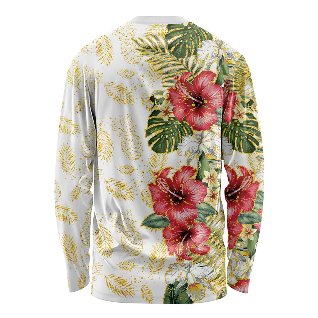 Hawaii Discoverers Day Long Sleeve Shirt Tropical Hibiscus Glitter White LT05 - Polynesian Pride