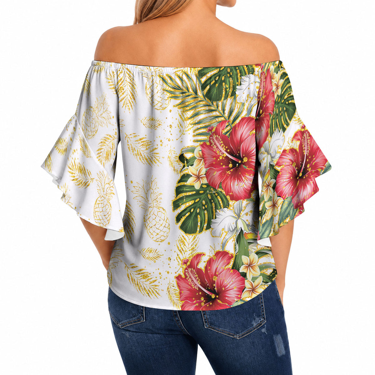 Hawaii Discoverers Day Off Shoulder Wrap Waist Top Tropical Hibiscus Glitter White LT05 - Polynesian Pride