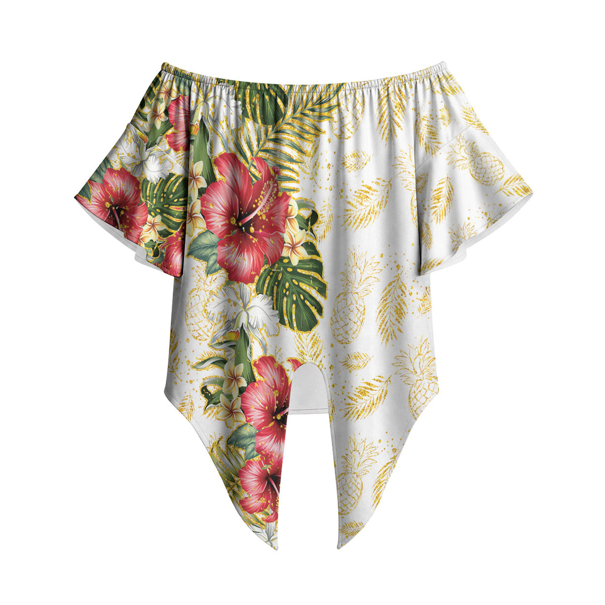 Hawaii Discoverers Day Off Shoulder Wrap Waist Top Tropical Hibiscus Glitter White LT05 - Polynesian Pride