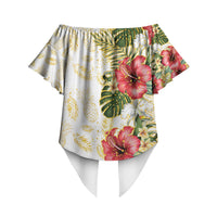 Hawaii Discoverers Day Off Shoulder Wrap Waist Top Tropical Hibiscus Glitter White LT05 - Polynesian Pride