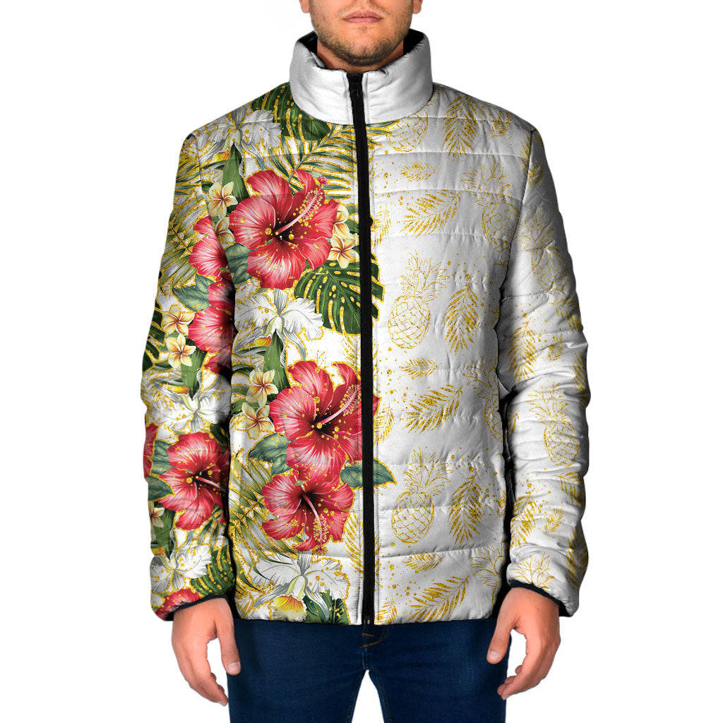 Hawaii Discoverers Day Padded Jacket Tropical Hibiscus Glitter White LT05 Men White - Polynesian Pride