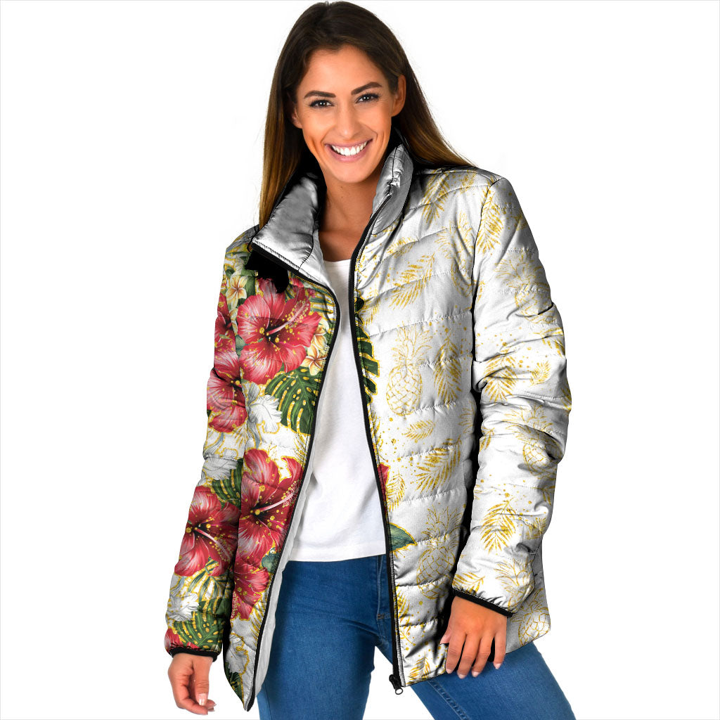 Hawaii Discoverers Day Padded Jacket Tropical Hibiscus Glitter White LT05 Women White - Polynesian Pride