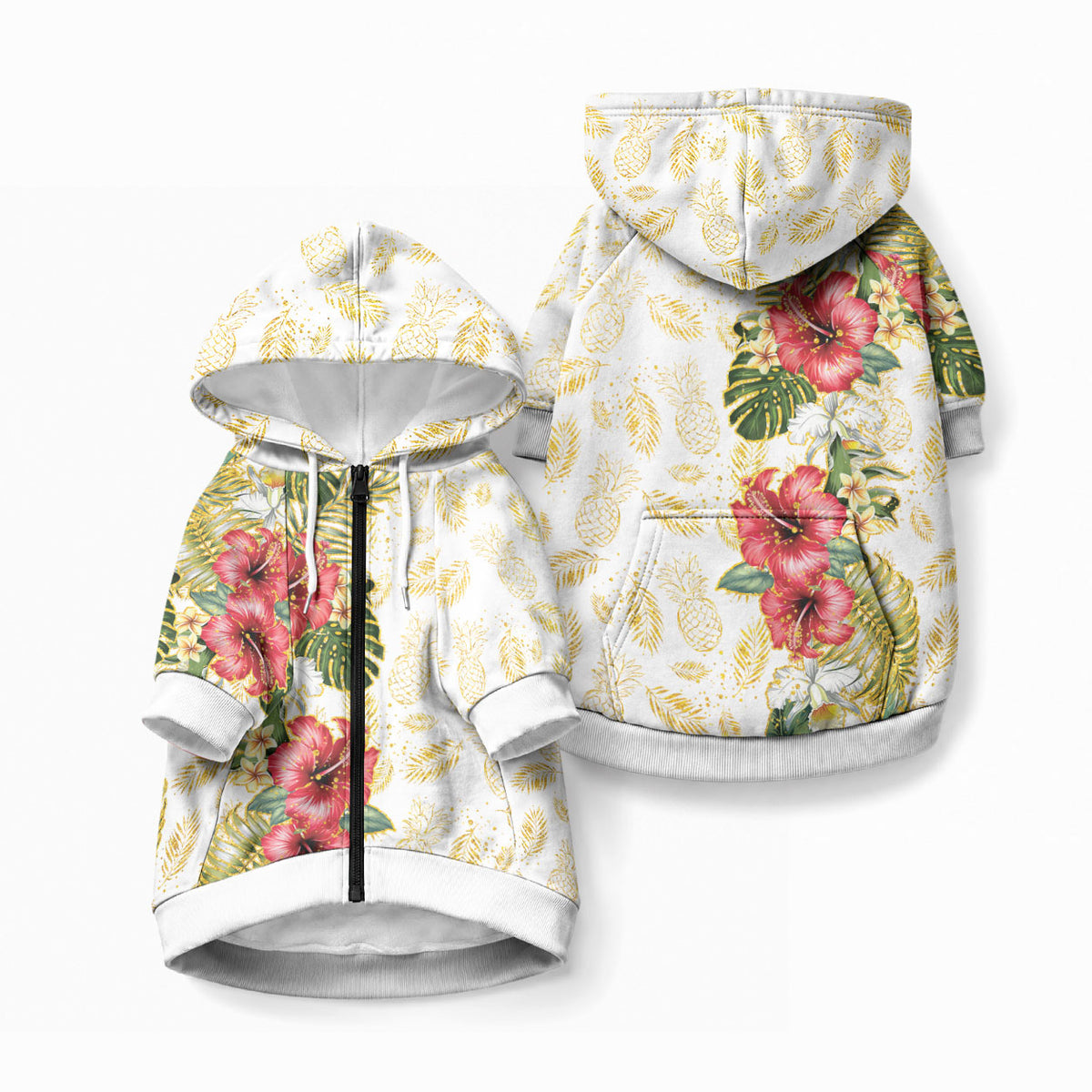 Hawaii Discoverers Day Pet Hoodie Tropical Hibiscus Glitter White LT05 Zip-up White - Polynesian Pride