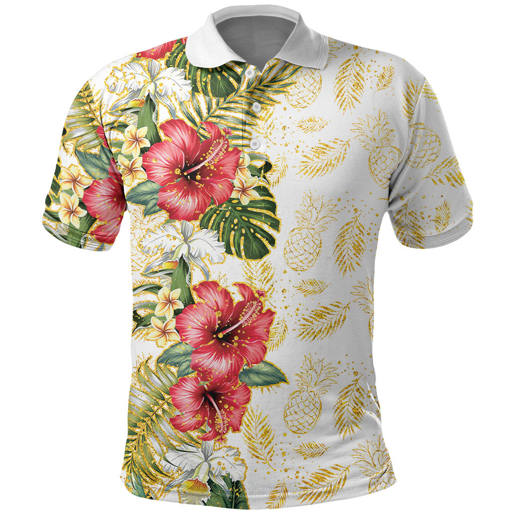 Hawaii Discoverers Day Polo Shirt Tropical Hibiscus Glitter White