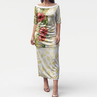 Hawaii Discoverers Day Puletasi Tropical Hibiscus Glitter White LT05 Long Dress White - Polynesian Pride