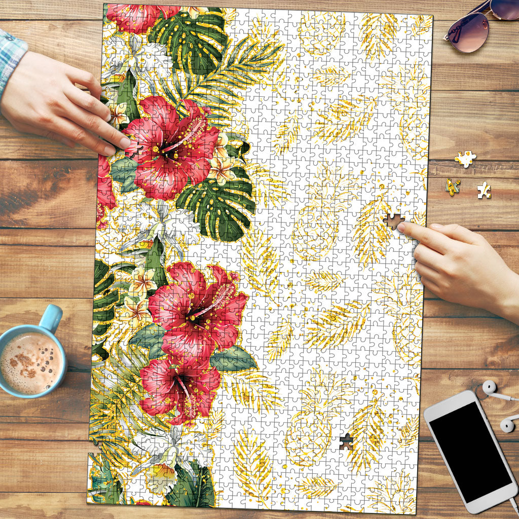 Hawaii Discoverers Day Puzzle Tropical Hibiscus Glitter White LT05 White - Polynesian Pride