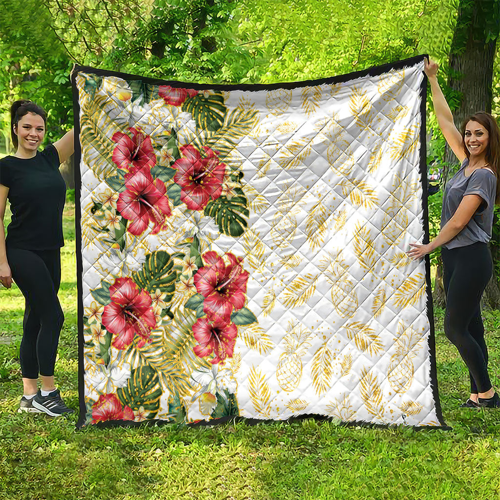 Hawaii Discoverers Day Quilt Tropical Hibiscus Glitter White LT05 - Polynesian Pride