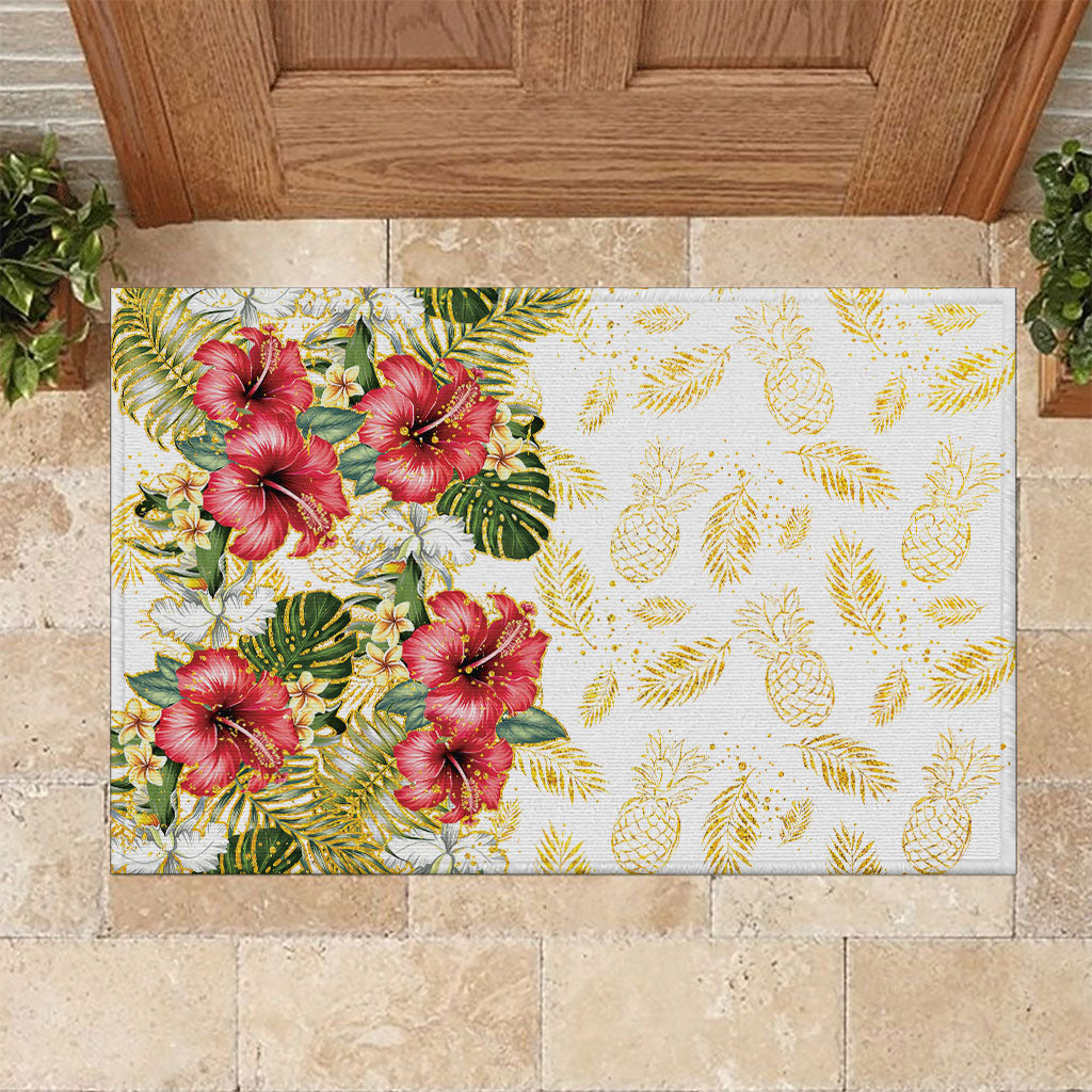 Hawaii Discoverers Day Rubber Doormat Tropical Hibiscus Glitter White LT05 White - Polynesian Pride