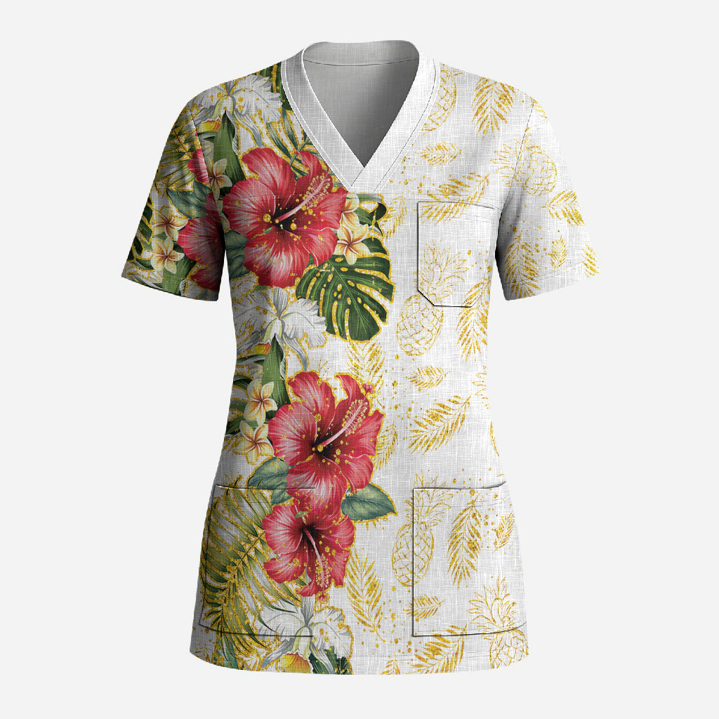 Hawaii Discoverers Day Scrub Top Tropical Hibiscus Glitter White LT05 Adult White - Polynesian Pride