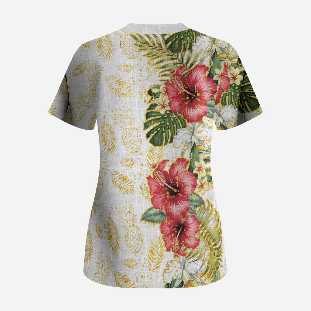 Hawaii Discoverers Day Scrub Top Tropical Hibiscus Glitter White LT05 - Polynesian Pride