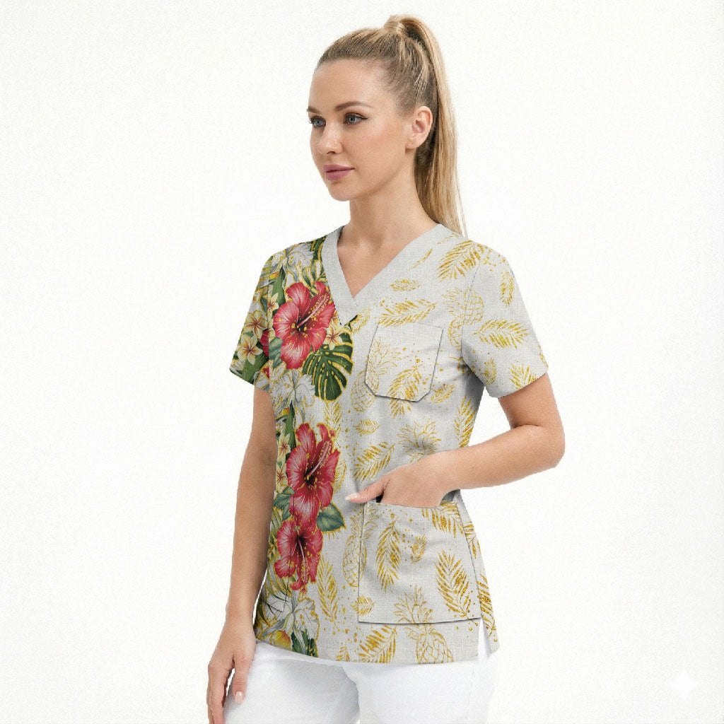 Hawaii Discoverers Day Scrub Top Tropical Hibiscus Glitter White LT05 - Polynesian Pride