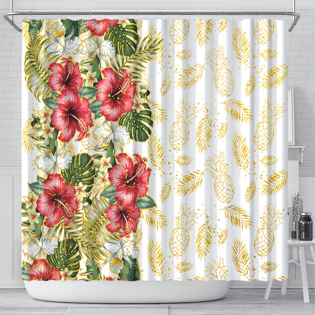 Hawaii Discoverers Day Shower Curtain Tropical Hibiscus Glitter White LT05 - Polynesian Pride