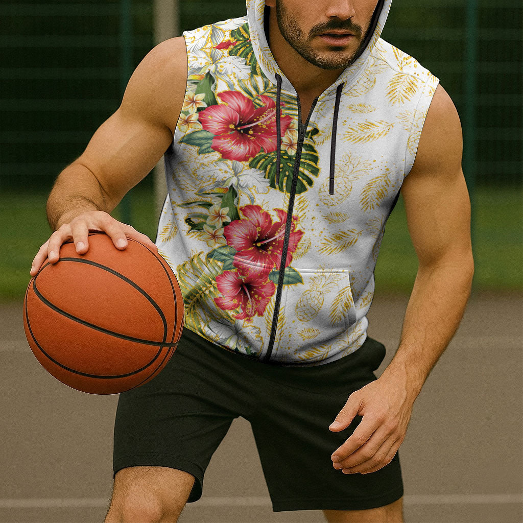 Hawaii Discoverers Day Sleeveless Zip Hoodie Tropical Hibiscus Glitter White LT05 - Polynesian Pride