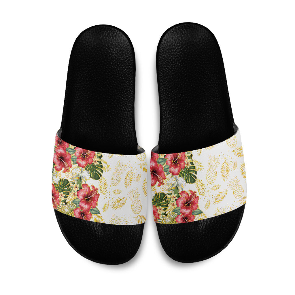 Hawaii Discoverers Day Slide Sandals Tropical Hibiscus Glitter White LT05 White - Polynesian Pride