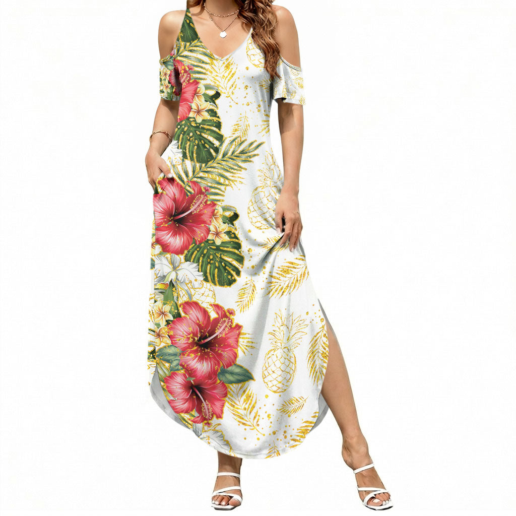 Hawaii Discoverers Day Summer Maxi Dress Tropical Hibiscus Glitter White LT05 Women White - Polynesian Pride