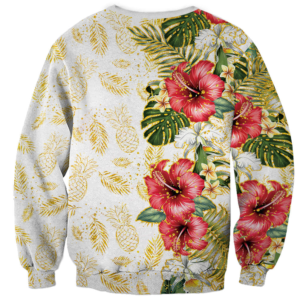 Hawaii Discoverers Day Sweatshirt Tropical Hibiscus Glitter White LT05 - Polynesian Pride