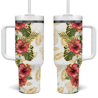 Hawaii Discoverers Day Tumbler With Handle Tropical Hibiscus Glitter White LT05 One Size: 40 oz White - Polynesian Pride