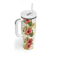 Hawaii Discoverers Day Tumbler With Handle Tropical Hibiscus Glitter White LT05 - Polynesian Pride