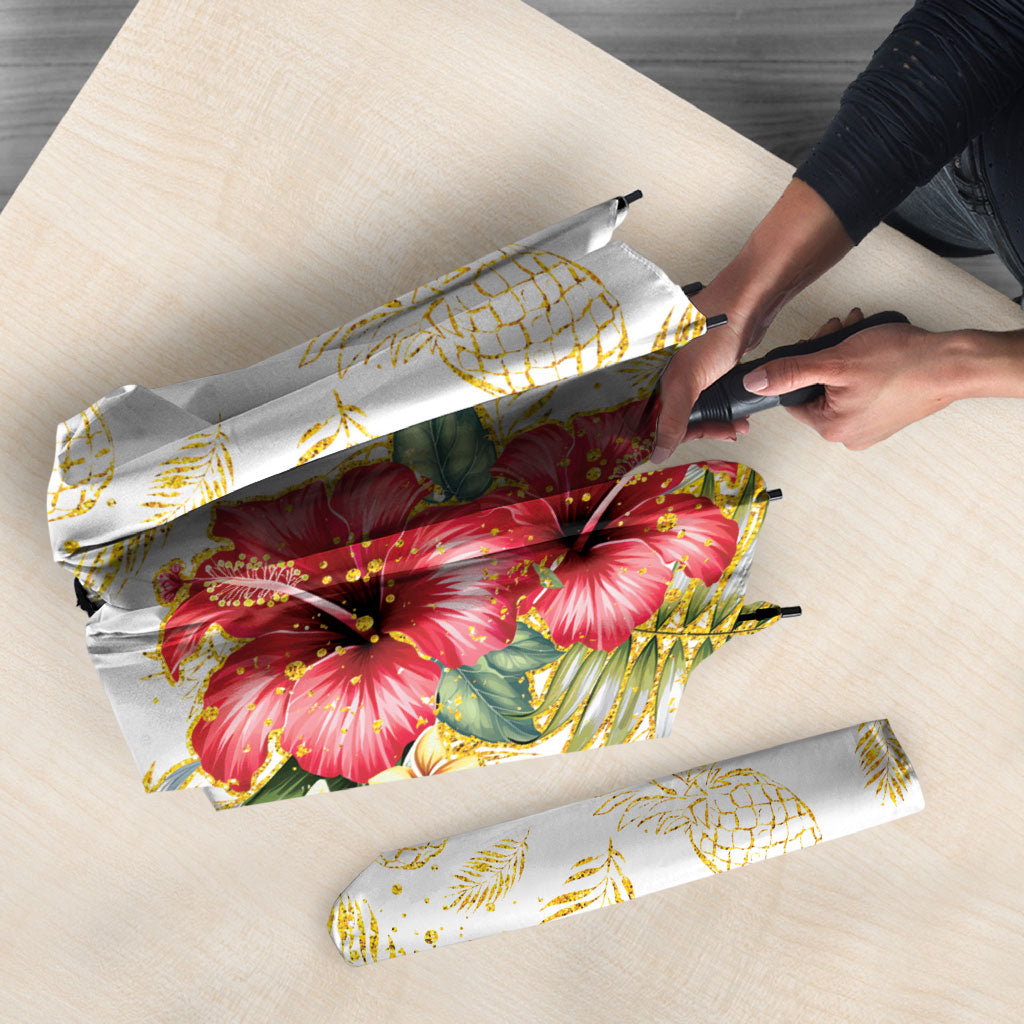 Hawaii Discoverers Day Umbrella Tropical Hibiscus Glitter White LT05 - Polynesian Pride