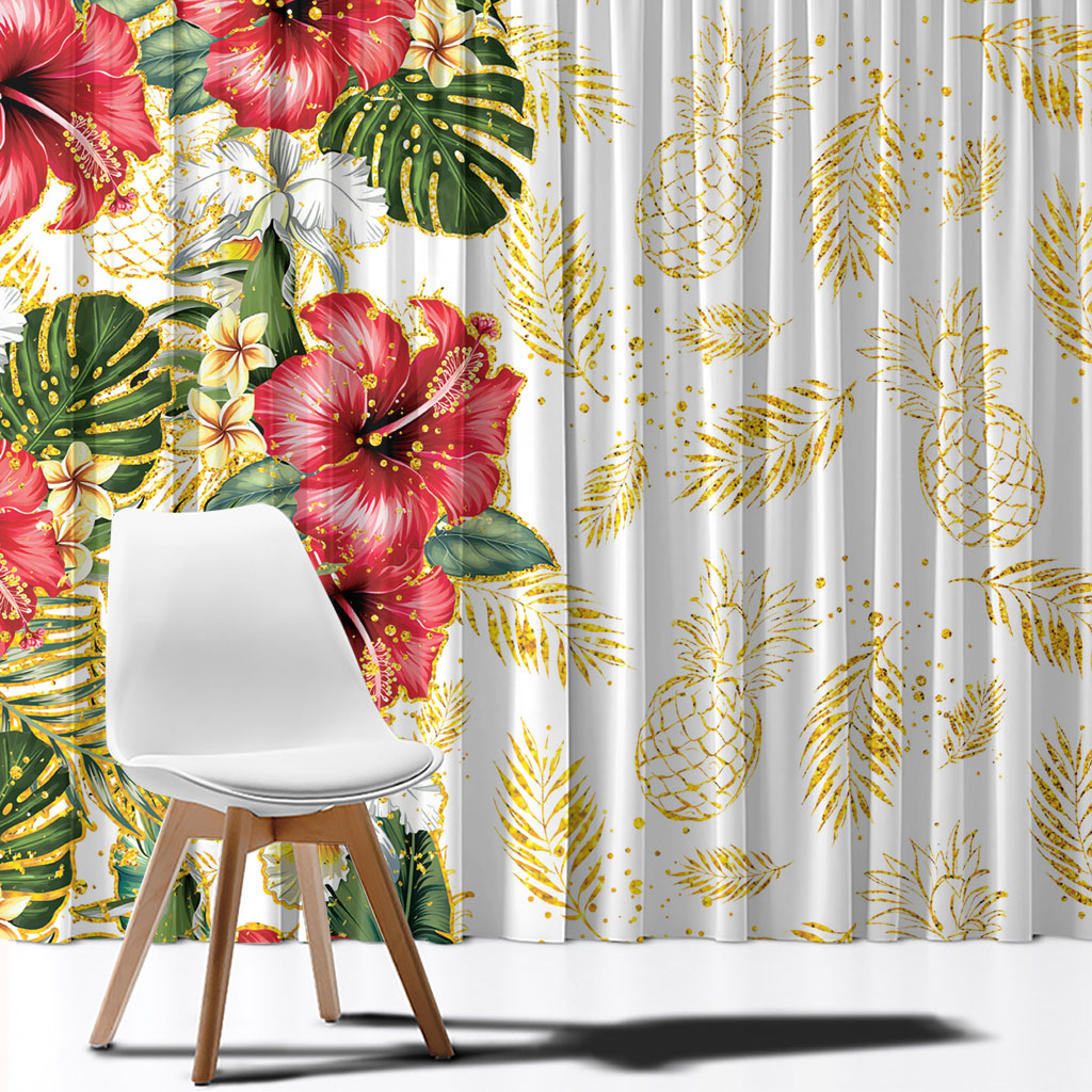 Hawaii Discoverers Day Window Curtain Tropical Hibiscus Glitter White