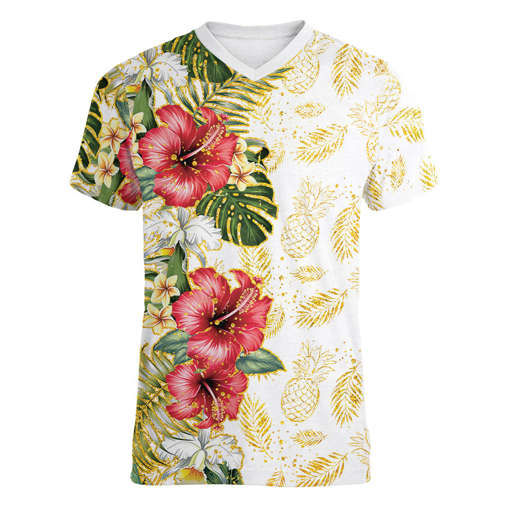 Hawaii Discoverers Day Women V-Neck T-Shirt Tropical Hibiscus Glitter White