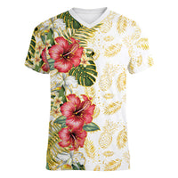 Hawaii Discoverers Day Women V-Neck T-Shirt Tropical Hibiscus Glitter White