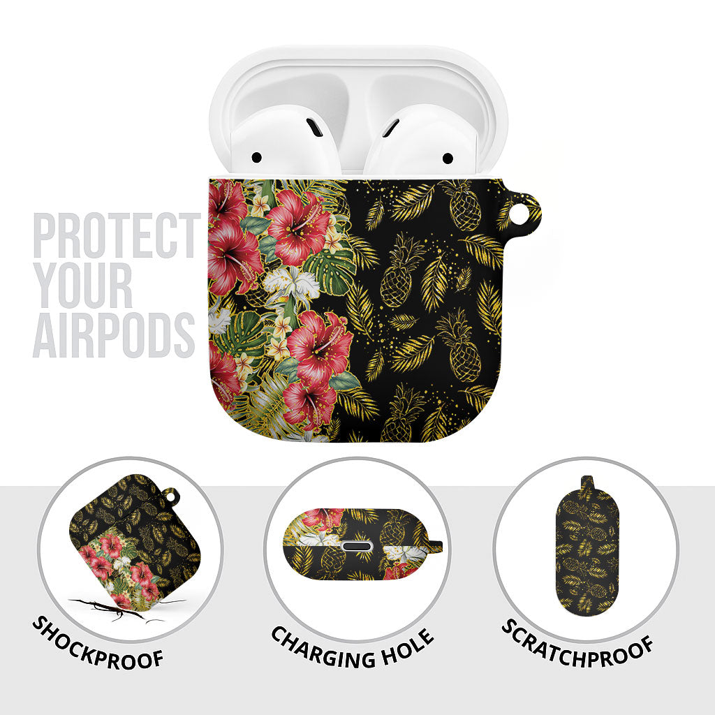Hawaii Discoverers Day AirPods Case Tropical Hibiscus Glitter Black LT05 - Polynesian Pride