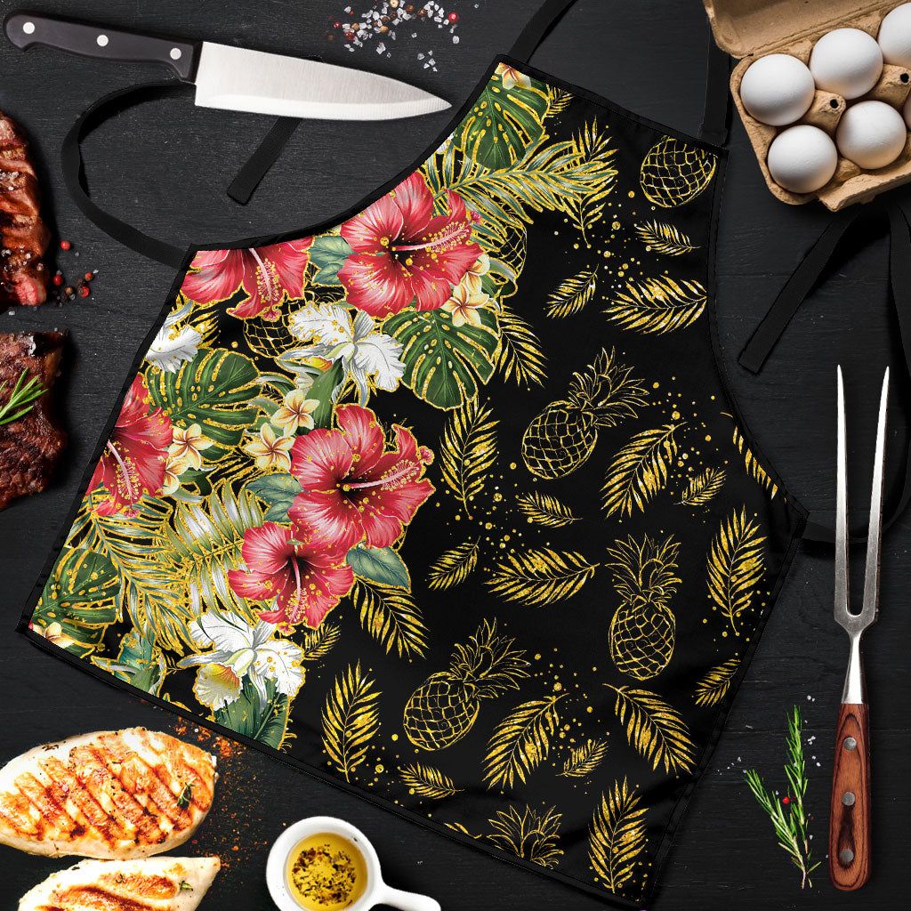 Hawaii Discoverers Day Apron Tropical Hibiscus Glitter Black LT05 Black - Polynesian Pride