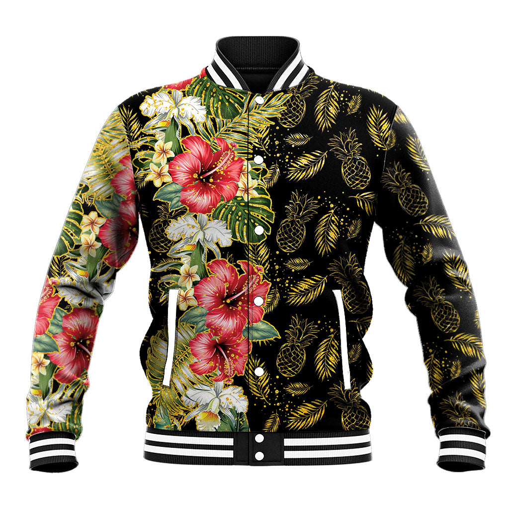 Hawaii Discoverers Day Baseball Jacket Tropical Hibiscus Glitter Black LT05 Unisex Black - Polynesian Pride