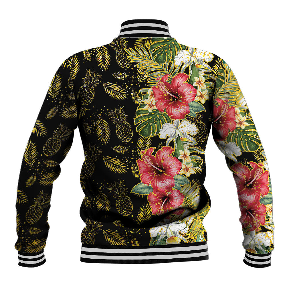 Hawaii Discoverers Day Baseball Jacket Tropical Hibiscus Glitter Black LT05 - Polynesian Pride