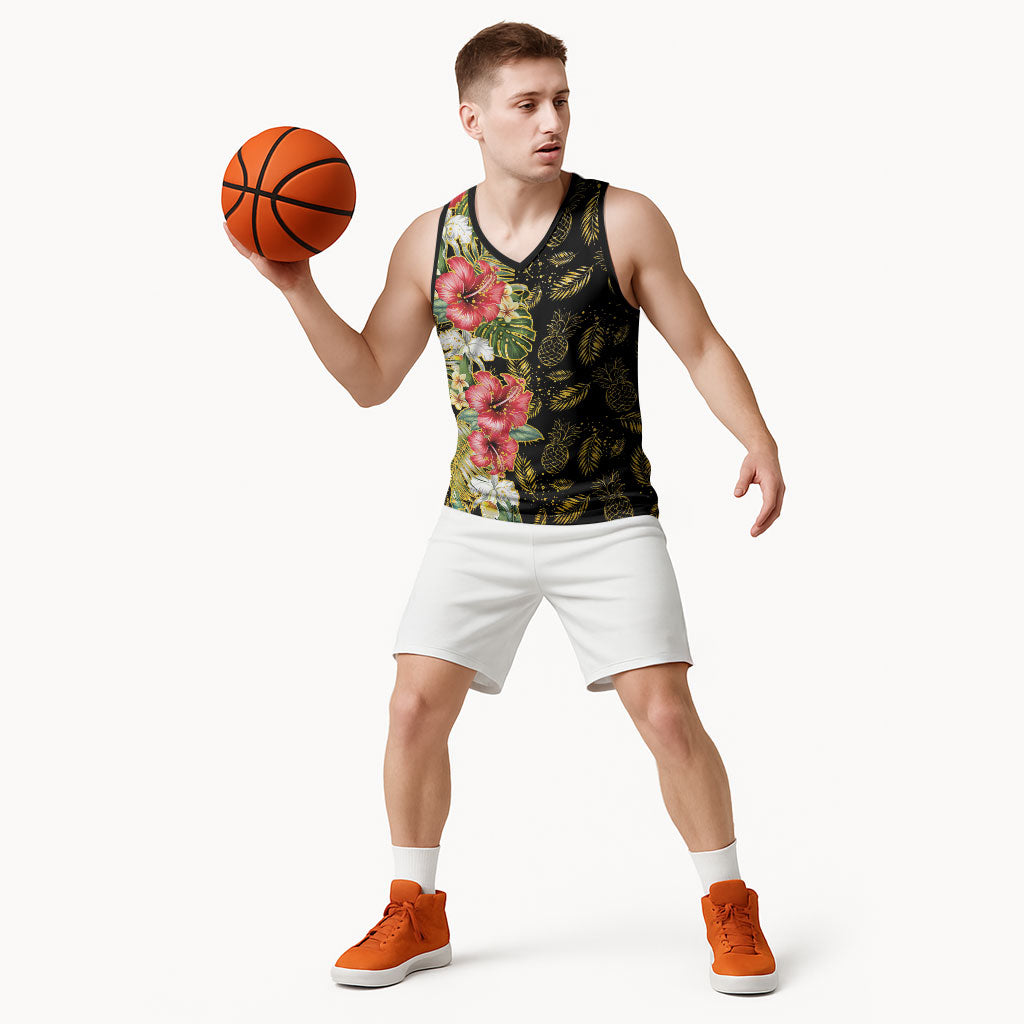 Hawaii Discoverers Day Basketball Jersey Tropical Hibiscus Glitter Black LT05 - Polynesian Pride
