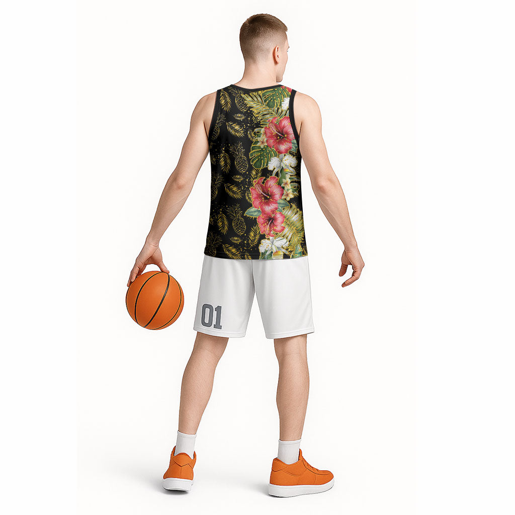 Hawaii Discoverers Day Basketball Jersey Tropical Hibiscus Glitter Black LT05 - Polynesian Pride