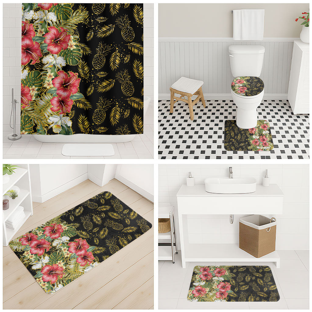 Hawaii Discoverers Day Bathroom Set Tropical Hibiscus Glitter Black LT05 - Polynesian Pride