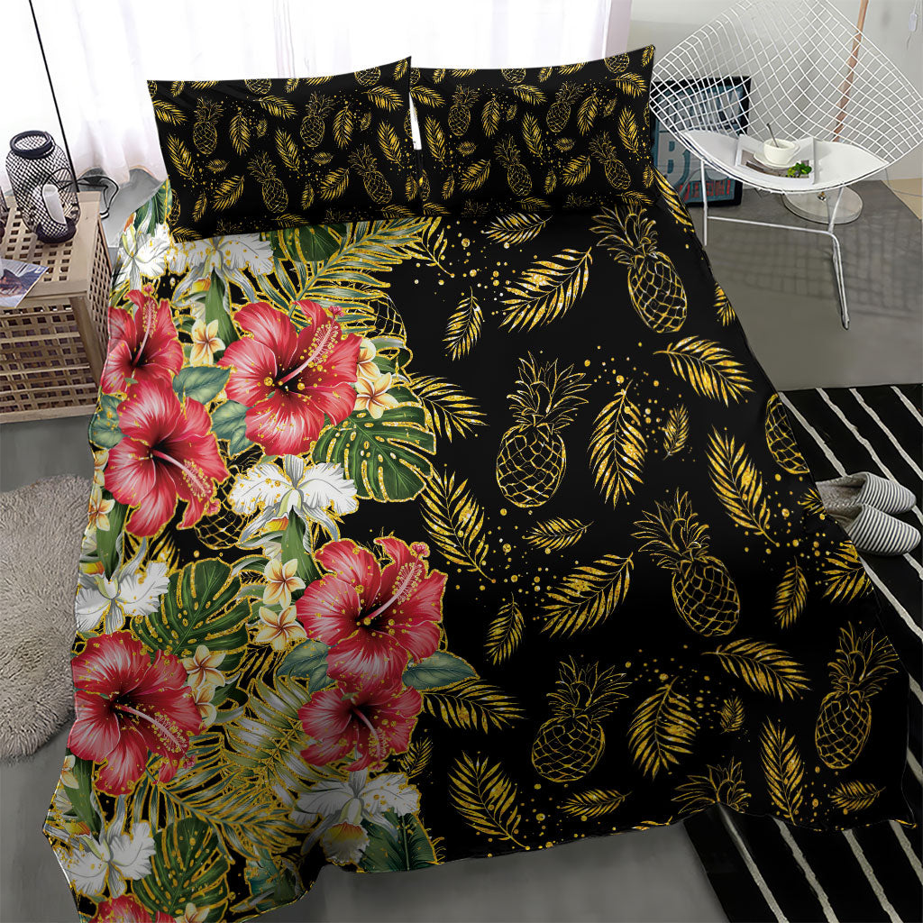 Hawaii Discoverers Day Bedding Set Tropical Hibiscus Glitter Black LT05 - Polynesian Pride