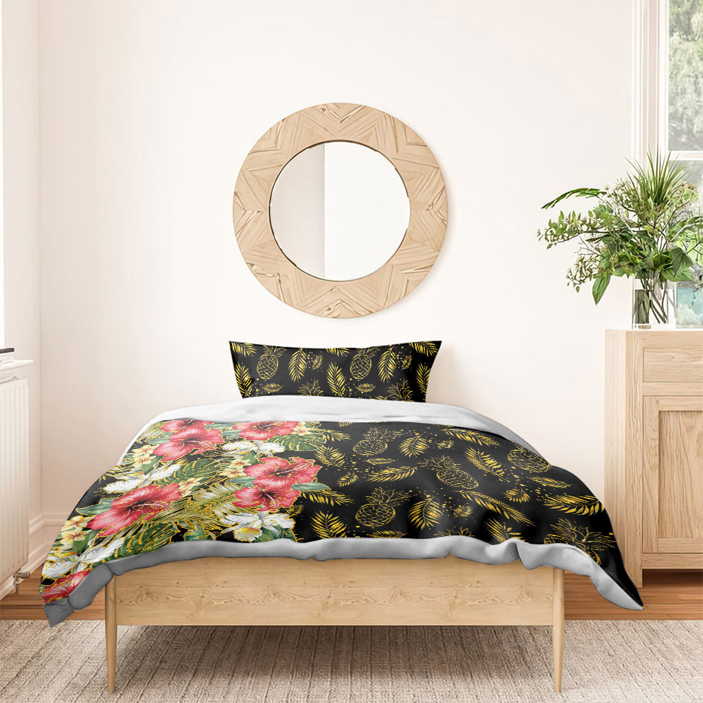 Hawaii Discoverers Day Bedding Set Tropical Hibiscus Glitter Black LT05 - Polynesian Pride