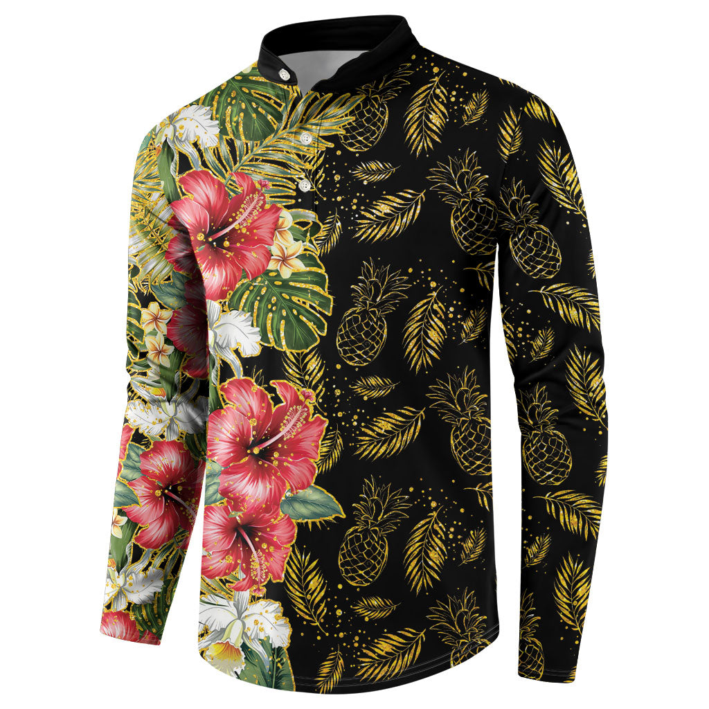 Hawaii Discoverers Day Button Sweatshirt Tropical Hibiscus Glitter Black LT05 - Polynesian Pride